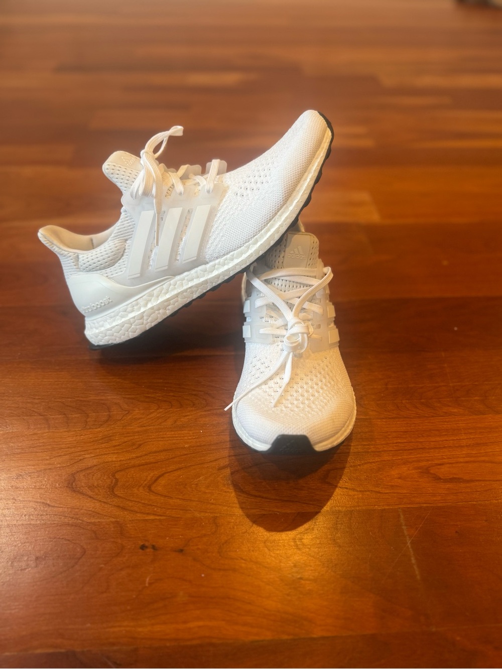 Adidas Men’s size 8 Ultraboost White Knit Sneakers with Black Outsole Accents